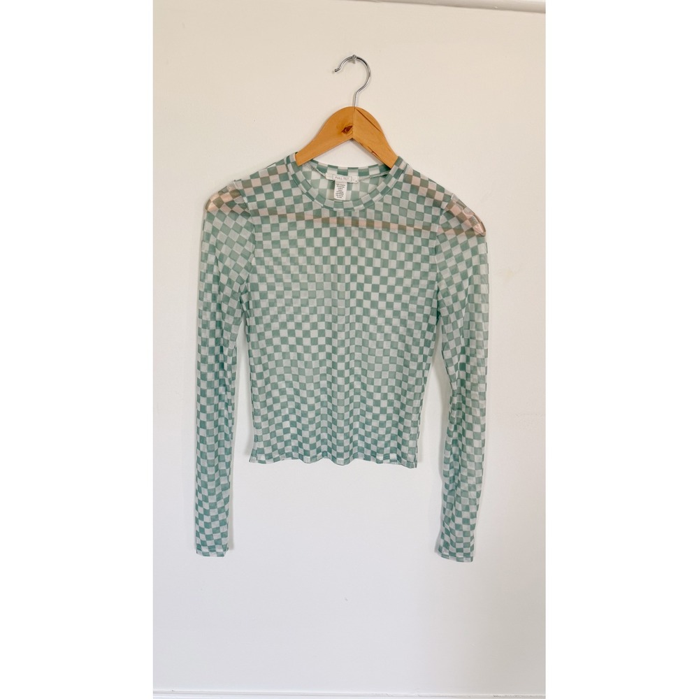 Sage Green White Checkered Mesh Sheer Long Sleeve Top Size Medium Festival Rave